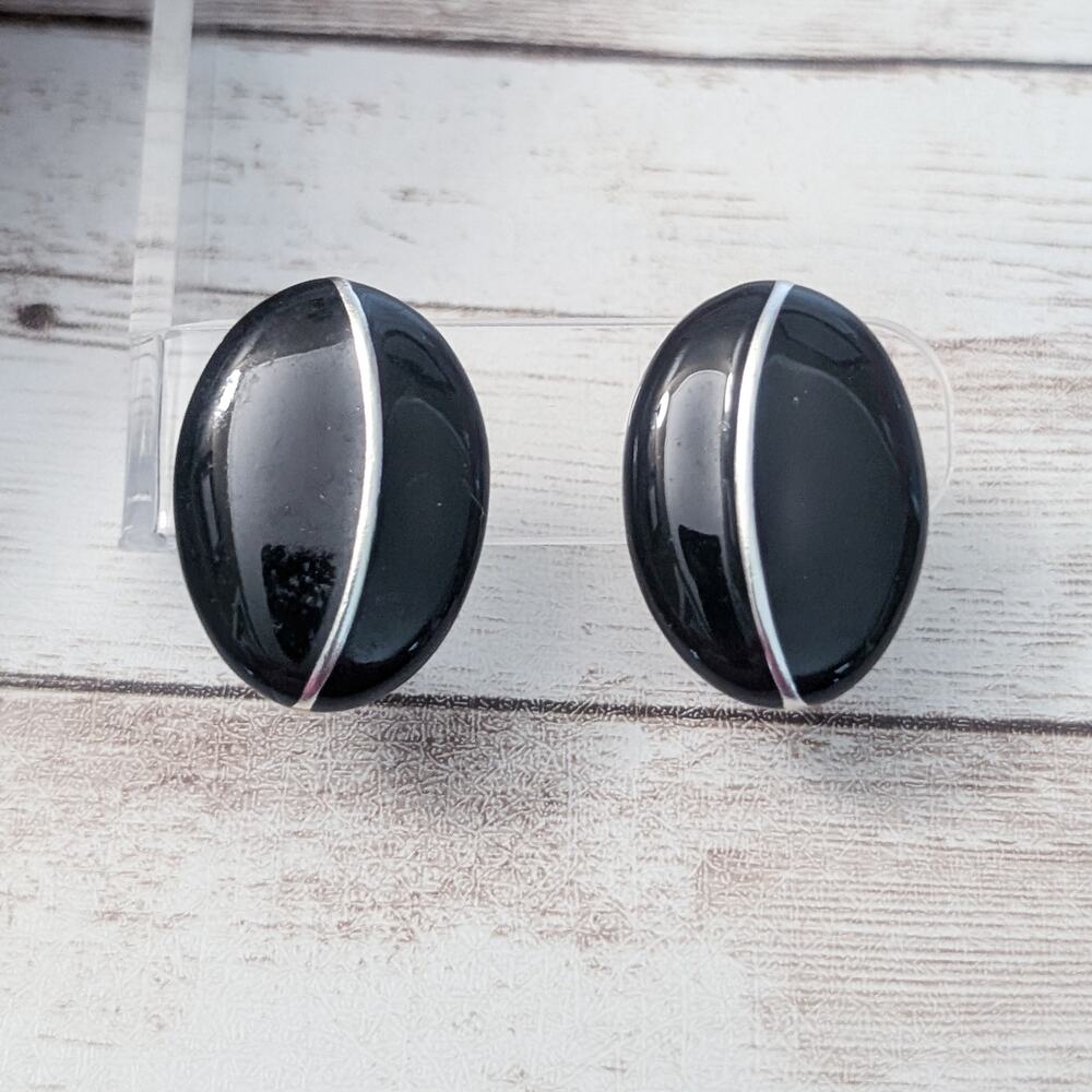 Vintage Stud Earrings For Pierced Ears Black & Silver Tone Statement Oval Retro